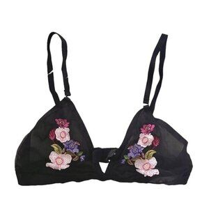 🛑 Sheer Black Embroidered Flowers Bralette Bra - M